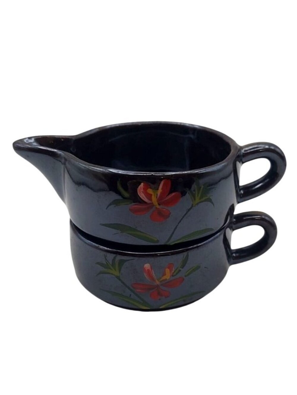 Vintage Redware Stacking Creamer & Sugar Set Hand Painted Red Floral Japan